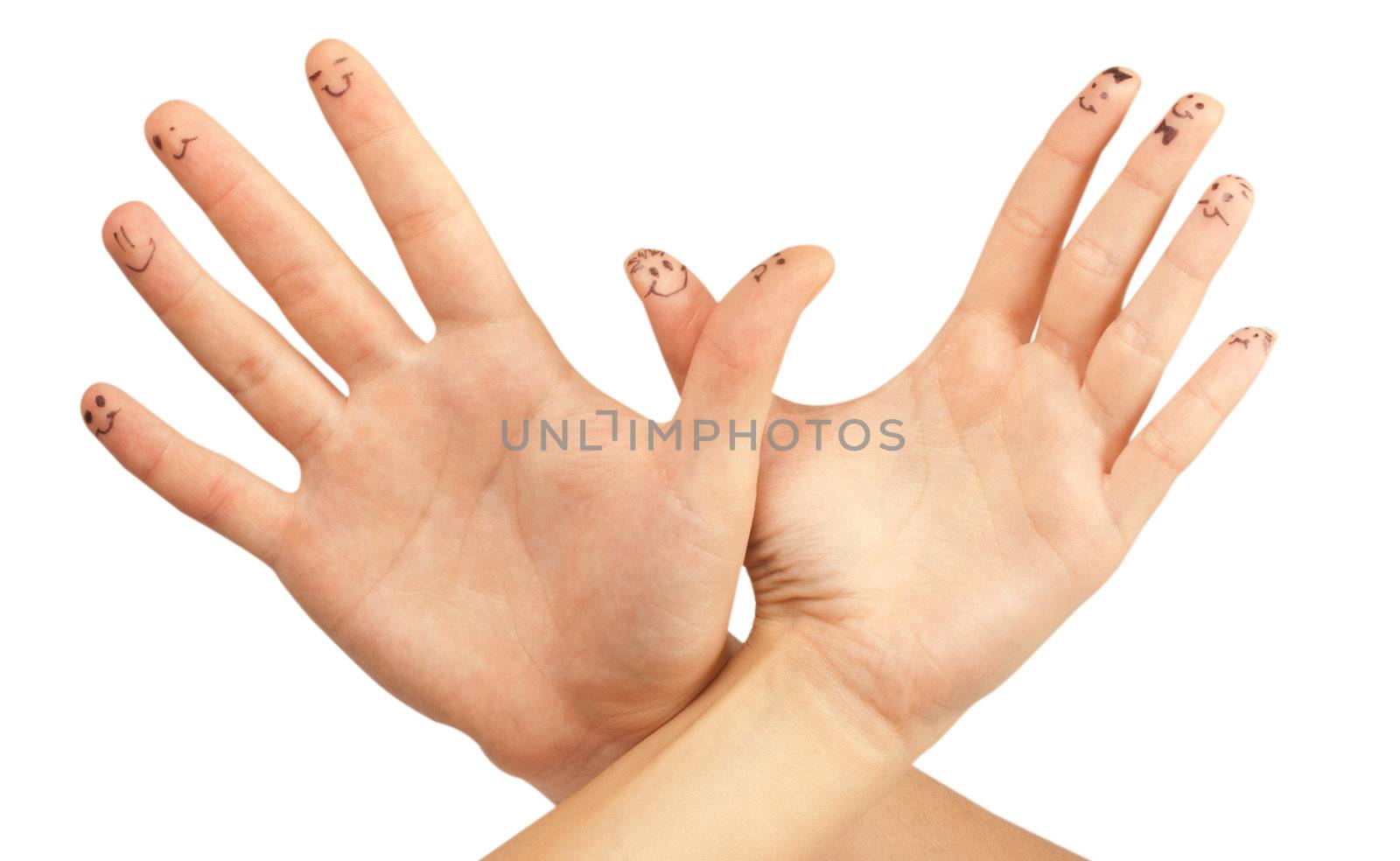 Bird made of hands isolated on white background with a smiles on fingers