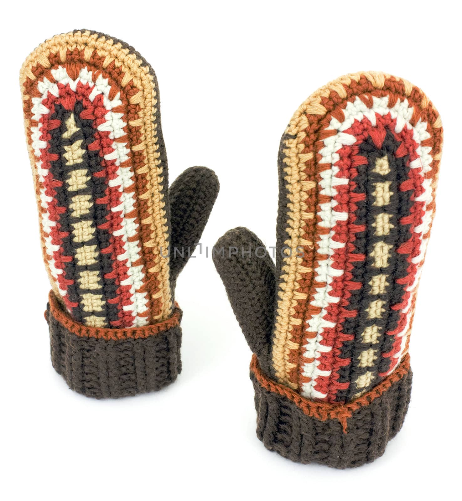 Two crocheted mittens on a white background