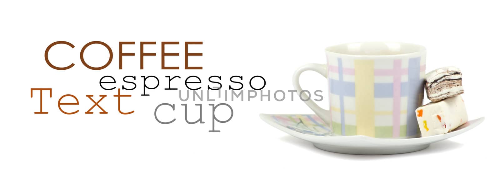 Coffee cup with sweets on white background