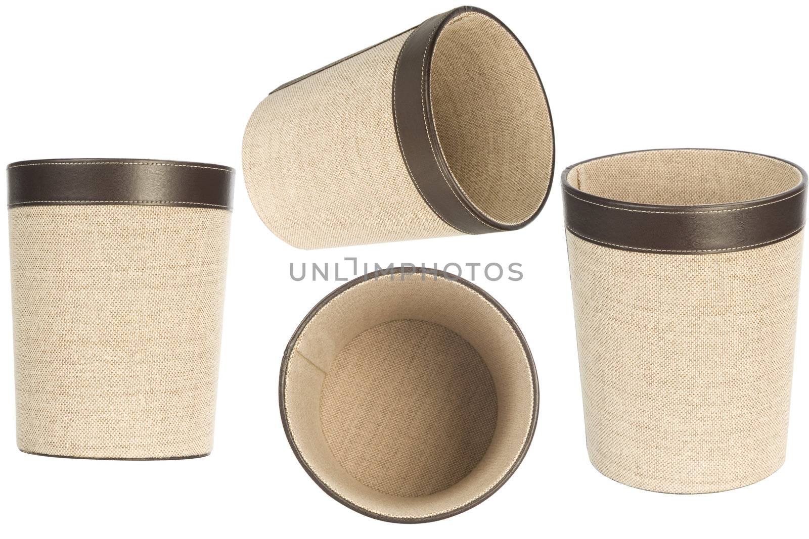 four point of view from empty wastepaper basket isolated over white background, trash bin