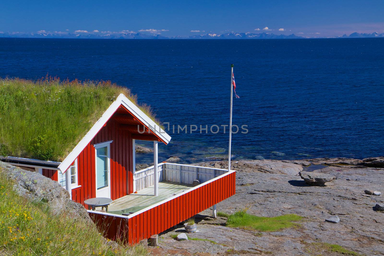 Typical red holiday hut with sod roof on Lofoten islands in Norway