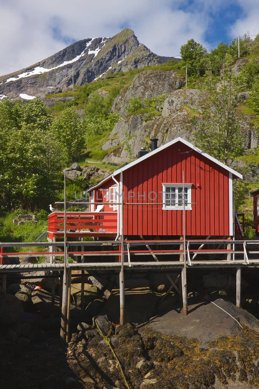 Typical norwegian rorbu hut in traditional village of Nusfjord on Lofoten islands