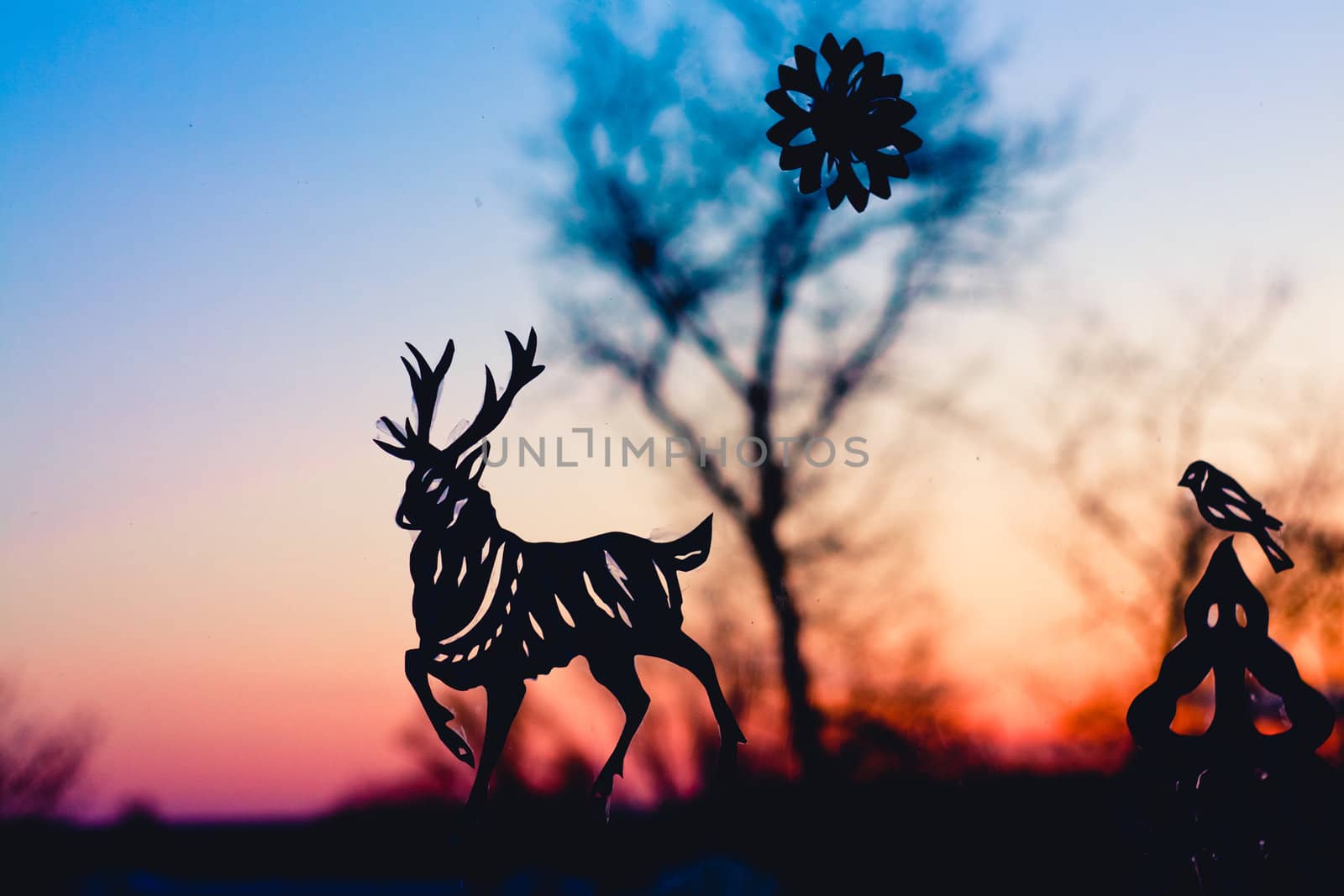 Silhouette of a deer in forest. Application from a paper on window glass