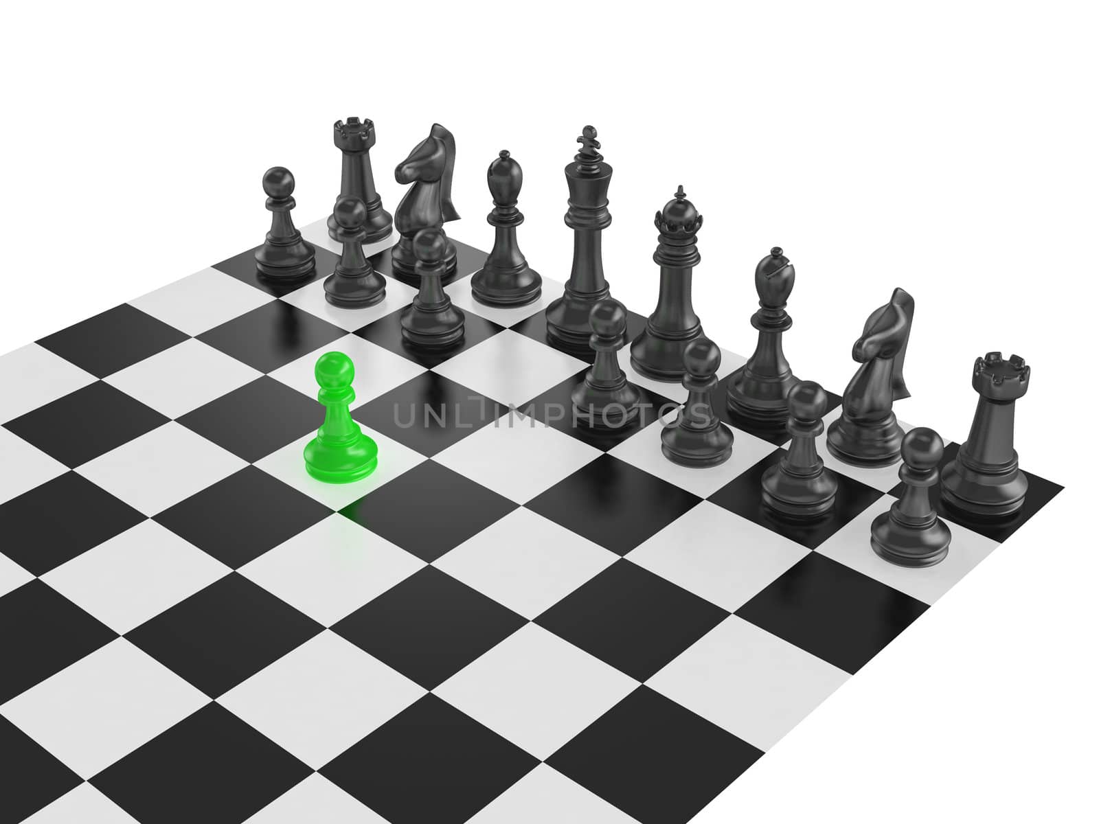 Chess pieces arranged on a chess board and green pawn standing out from the crowd with first move on isolated white background.