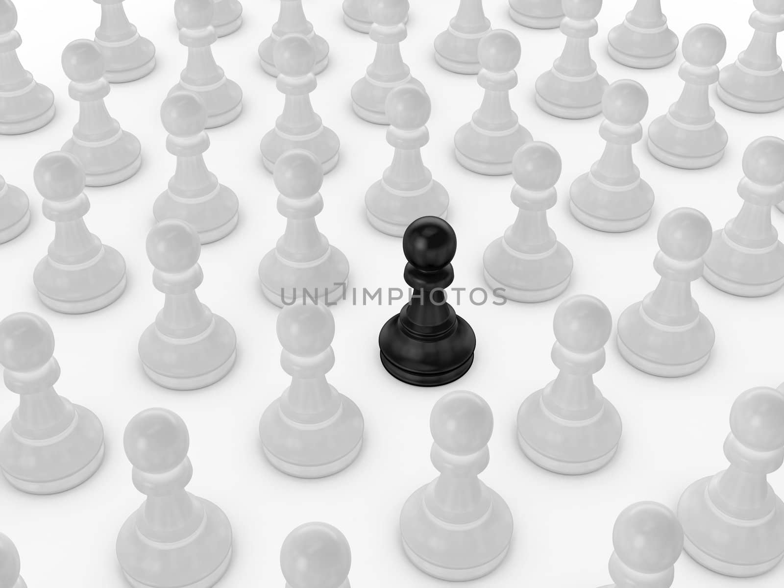 Black pawn standing out from the crowd on white background.