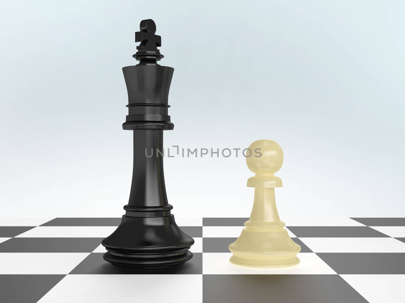Confrontation of chess pieces king and pawn on board with isolated white background.