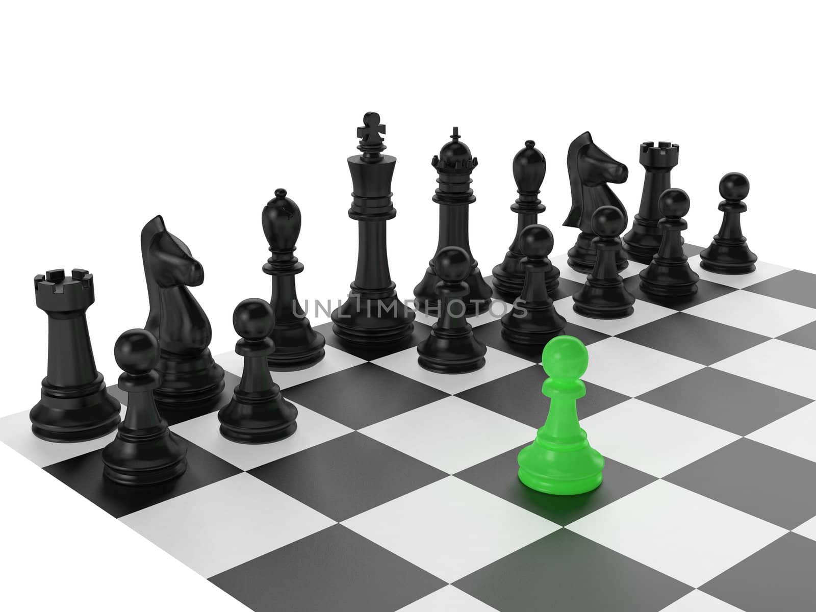 Chess pieces arranged on a chess board and green pawn standing out from the crowd with first move on isolated white background.