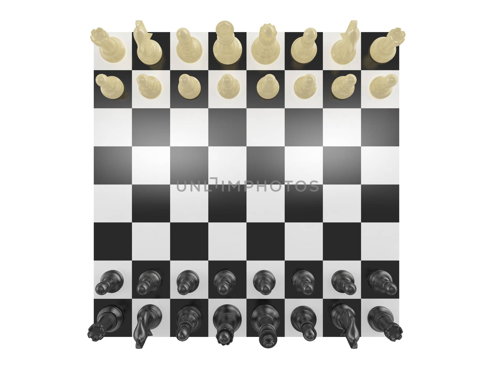 Chess board with starting positions aligned chess pieces isolated on white, top view.