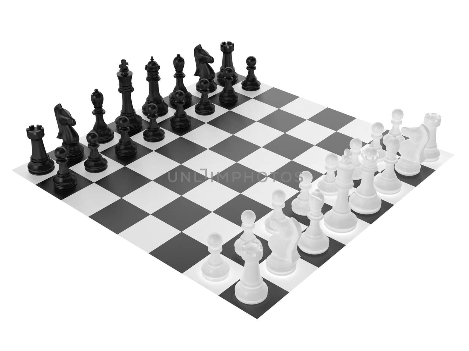 Chess board with starting positions aligned chess pieces isolated on white, general view.