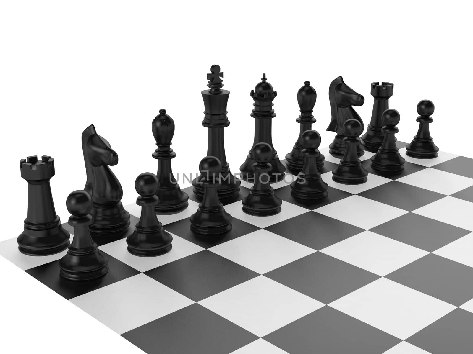 Chess board with starting positions aligned chess pieces isolated on white.