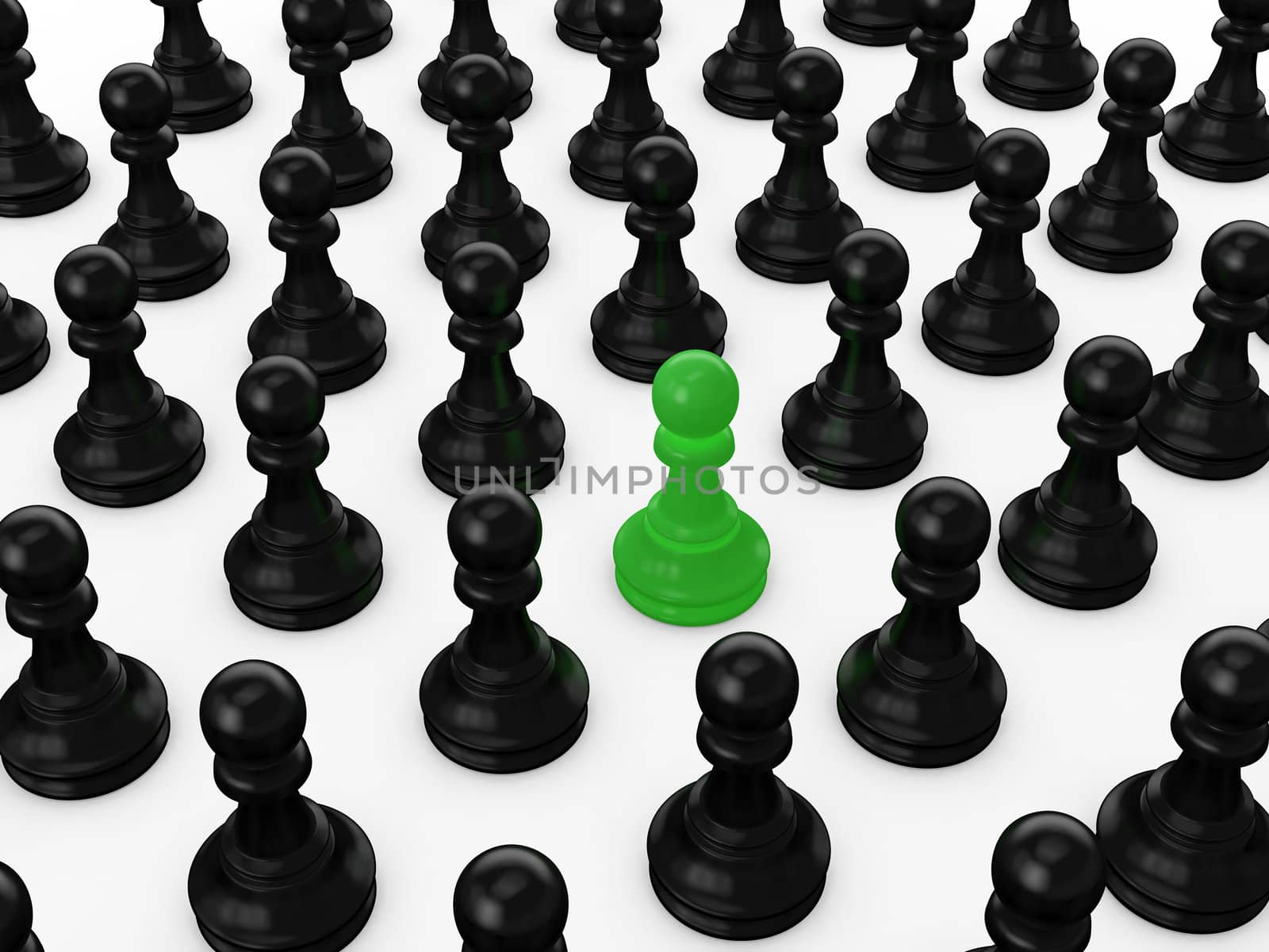 Green pawn standing out from the crowd on white background.
