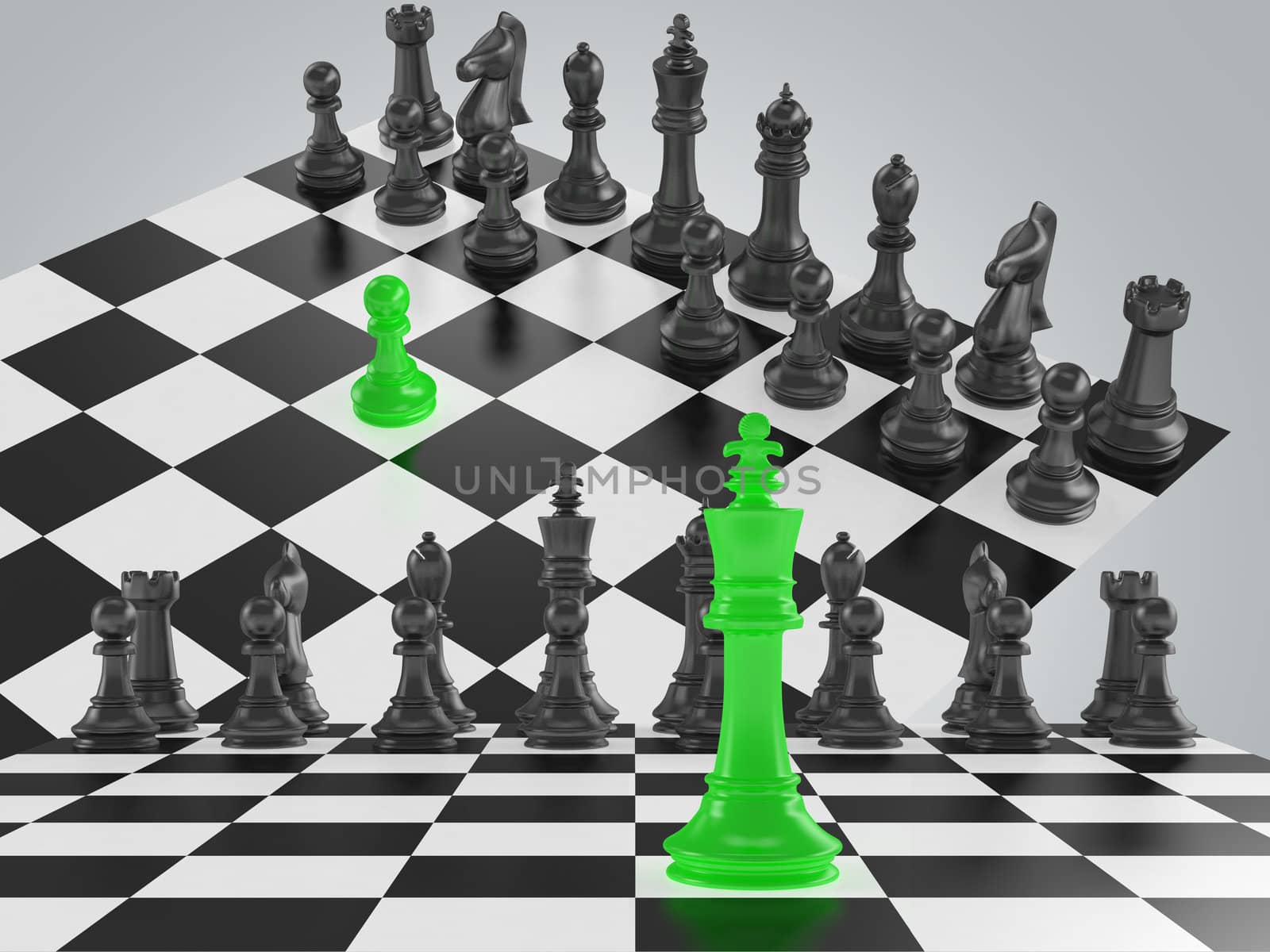 Two chess board and two chess set with green chess pieces.