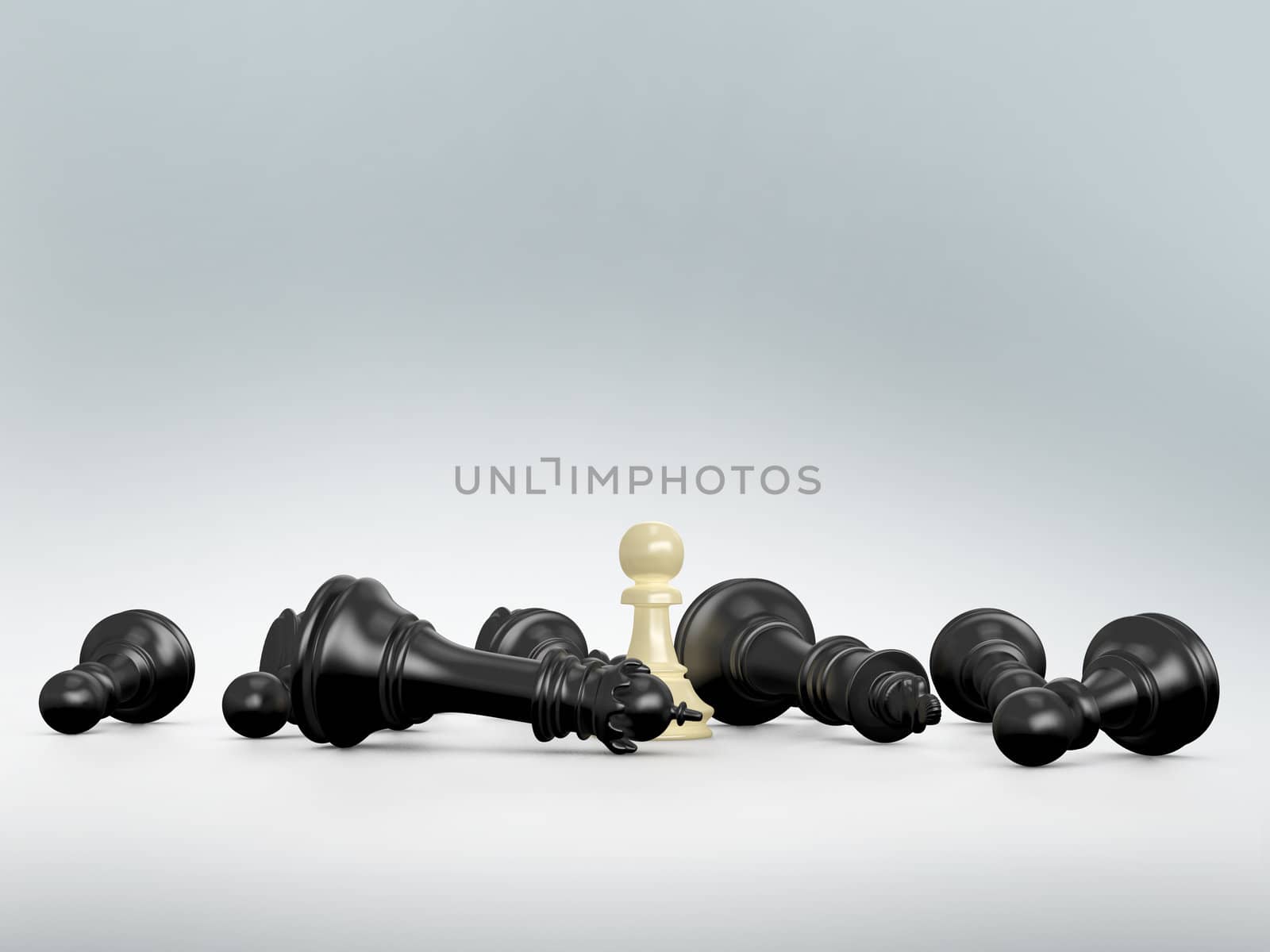 Victory concept. Light pawn defeats dark chess pieces, pawns, queen and king.