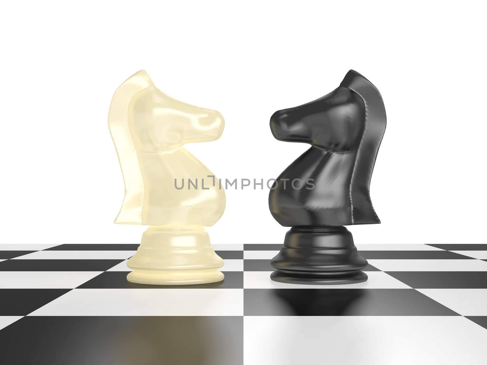 Confrontation of chess pieces knights on board with isolated white background.