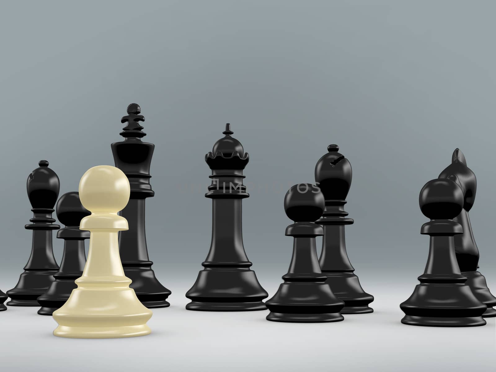 Yellow pawn against black chess pieces, king, bishop, knight and pawns.