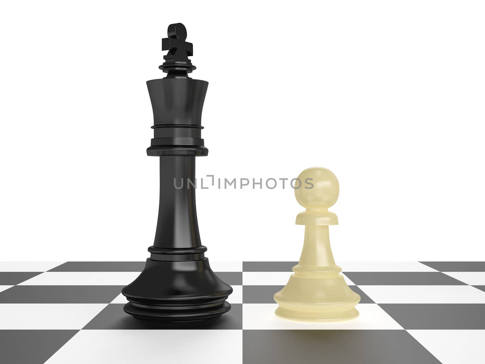 Confrontation of chess pieces king and pawn on board with isolated white background.