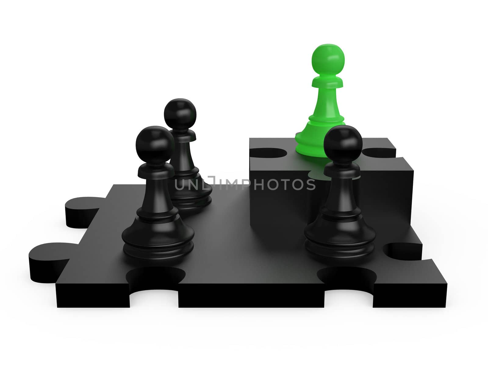 Black pawns on puzzle cells with one outstanding green leader pawn on white isolated background.
