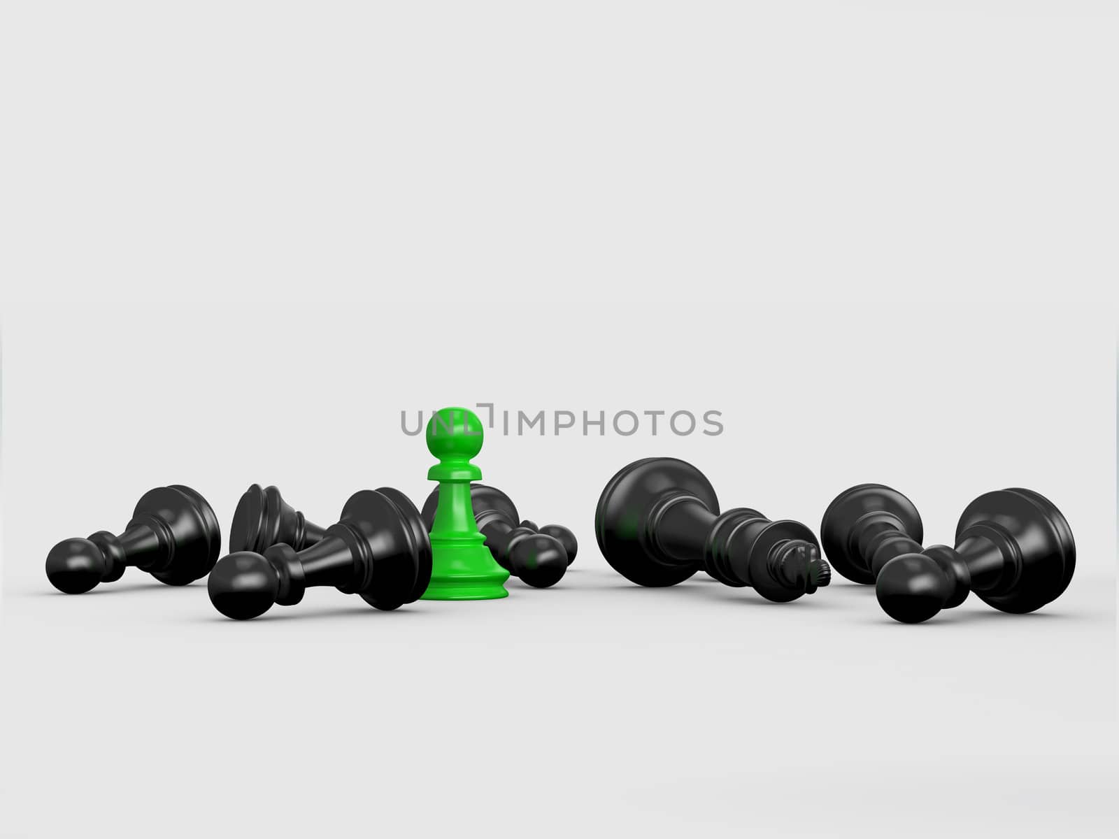 Victory concept. Green pawn defeats black chess pieces, pawns and king on white background.