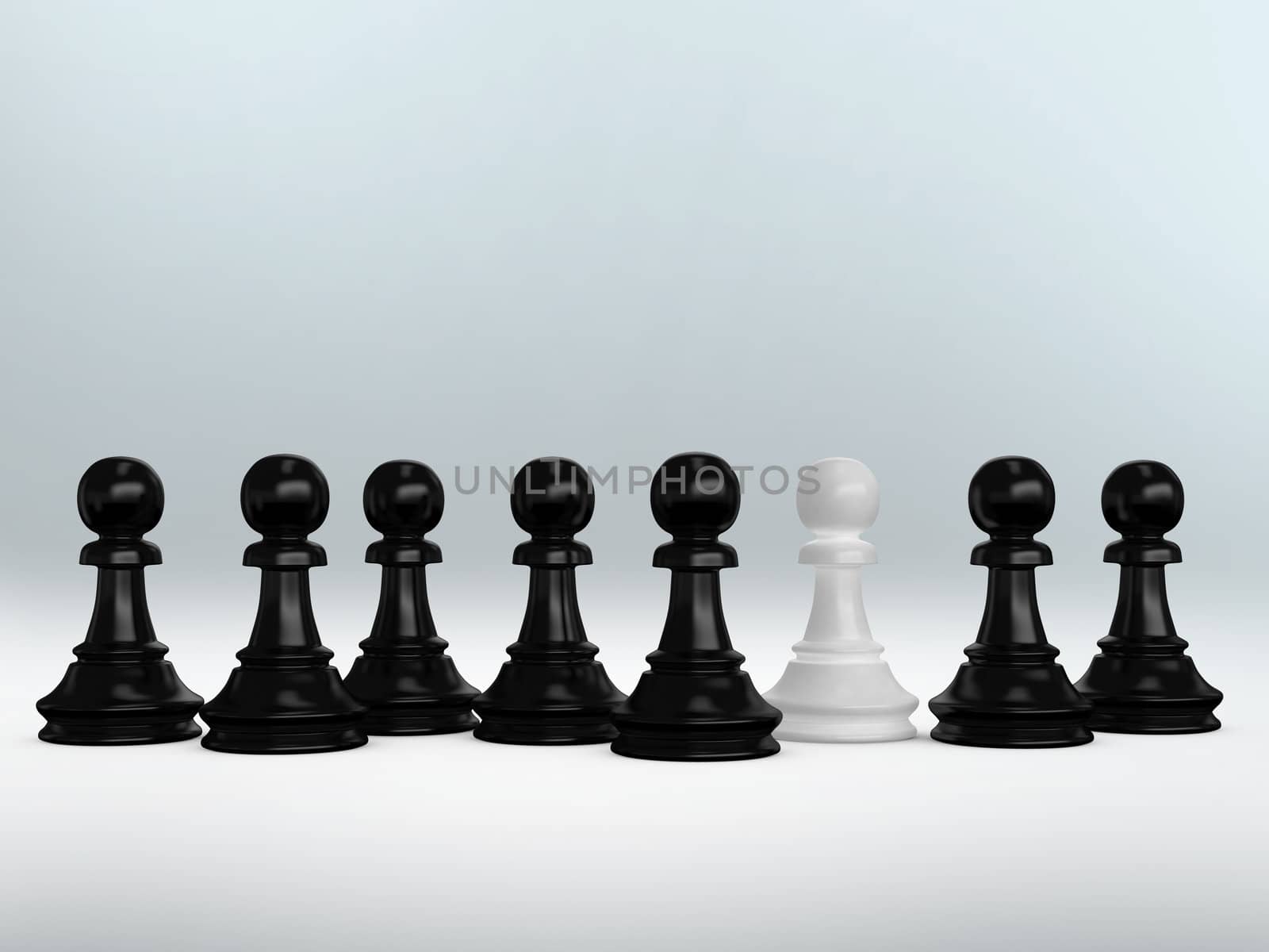 White pawn standing out from the crowd which are black pawns.