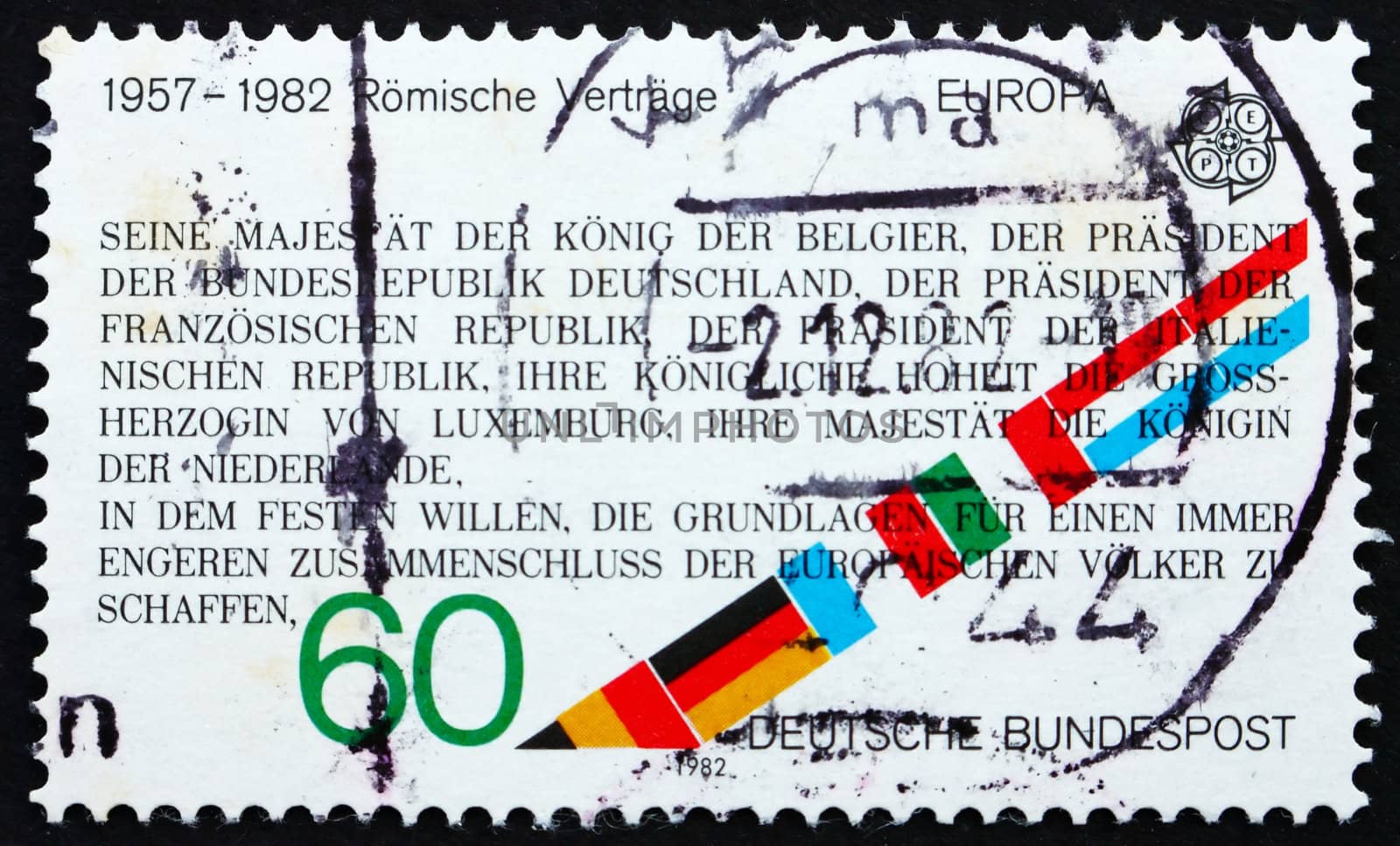 GERMANY - CIRCA 1982: a stamp printed in the Germany shows Text from Treaties of Rome, 25th Anniversary, circa 1982