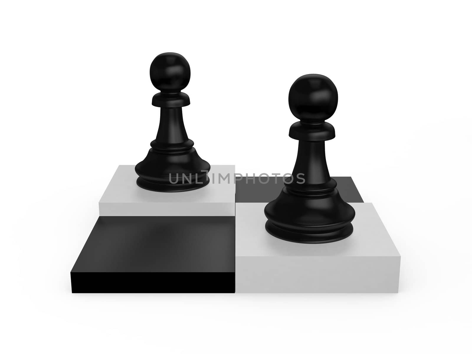 Black pawns on dark and light extruded chess cells on white background.