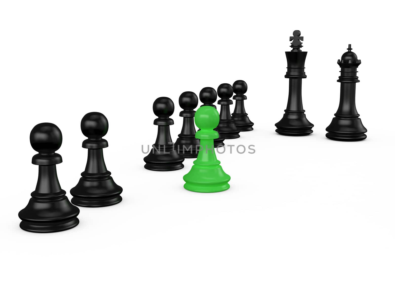 Green pawn shows his talent to king and queen on white background.