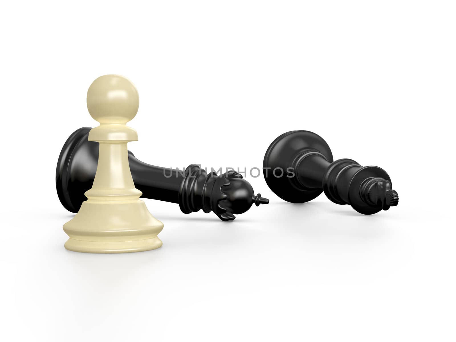 Victory concept. Yellow pawn defeats black king and queen on white isolated background.