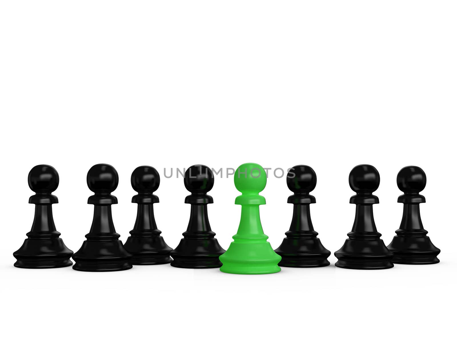 Pawn standing out from the crowd which are black pawns on white background.