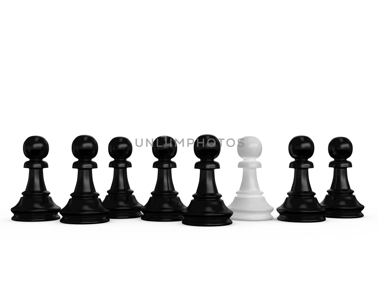 Pawn standing out from the crowd on white background.