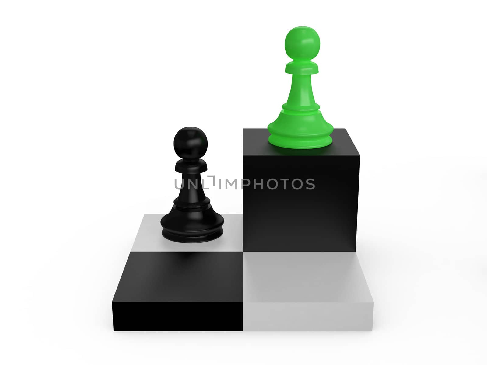 Pawns on dark and light chess cells and green leader pawn on white background.