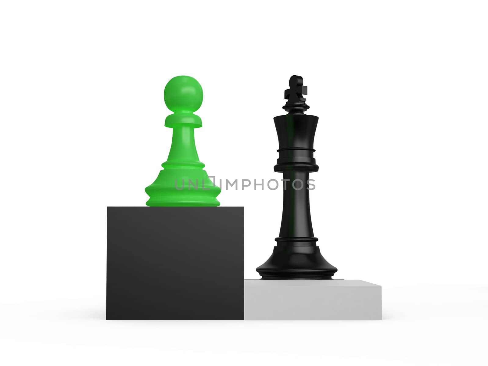 King and pawn on dark and light chess cells on white background.