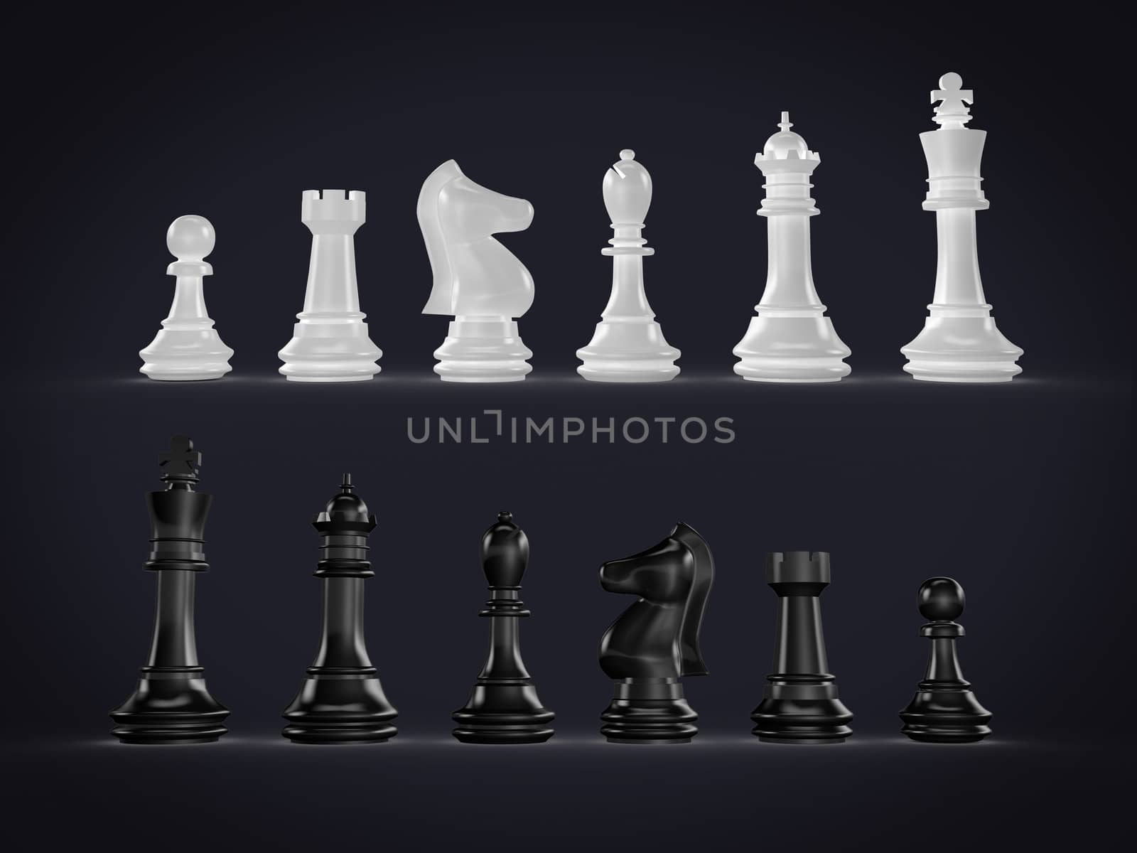 Black and white chess set on dark background.