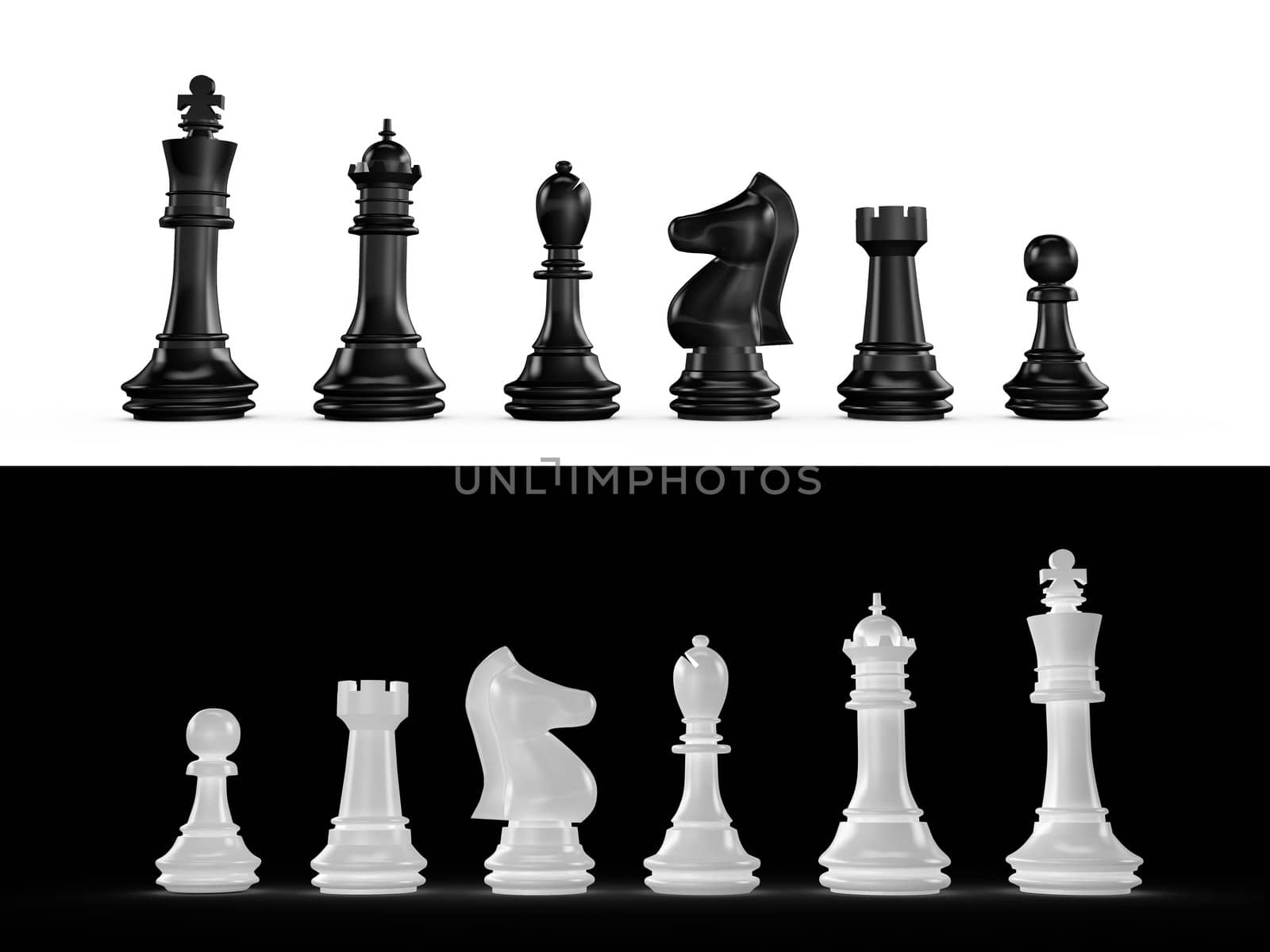 Black and white chess set on white and black background.