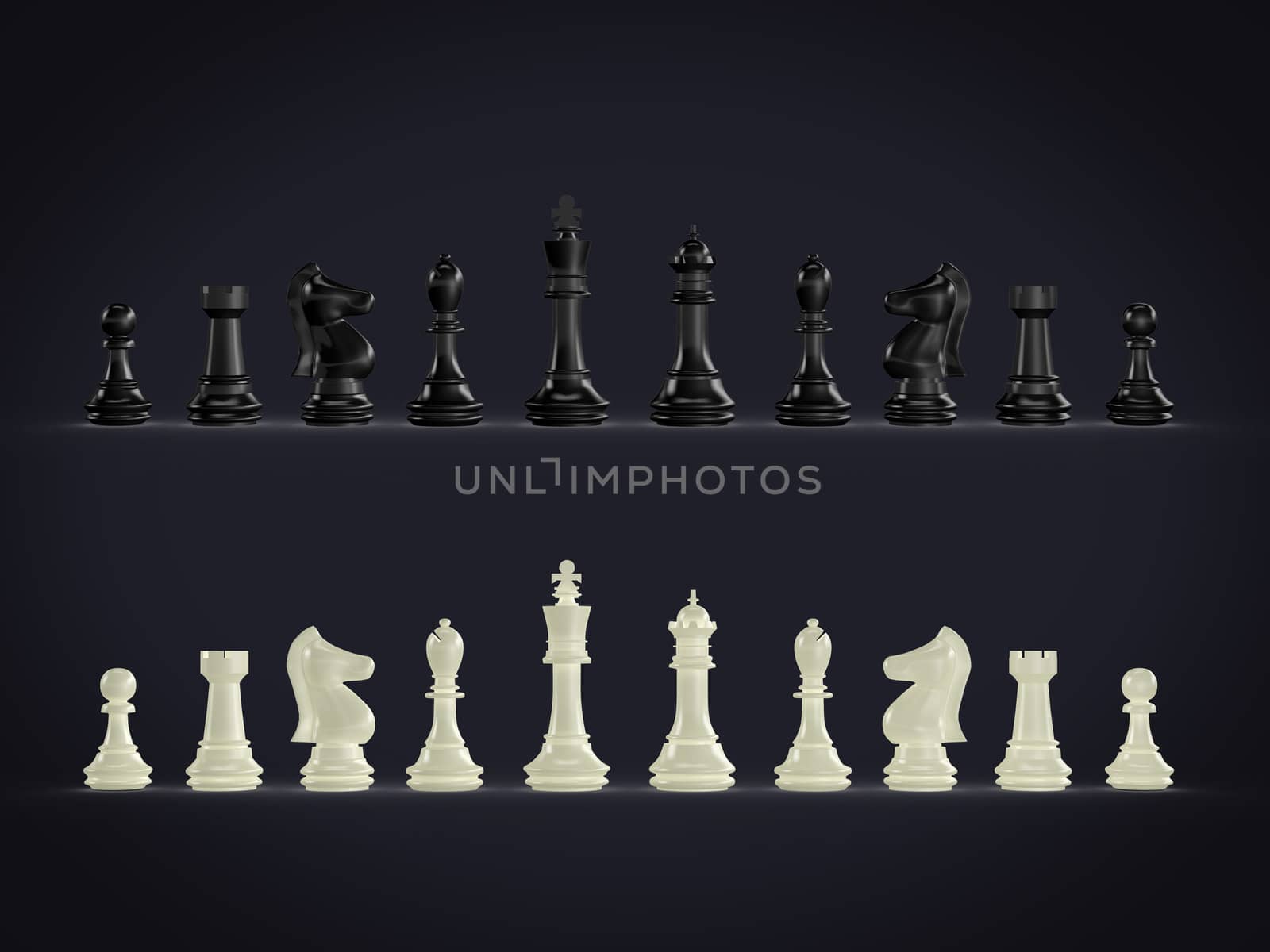 Black and white complete set of chess pieces on dark background.