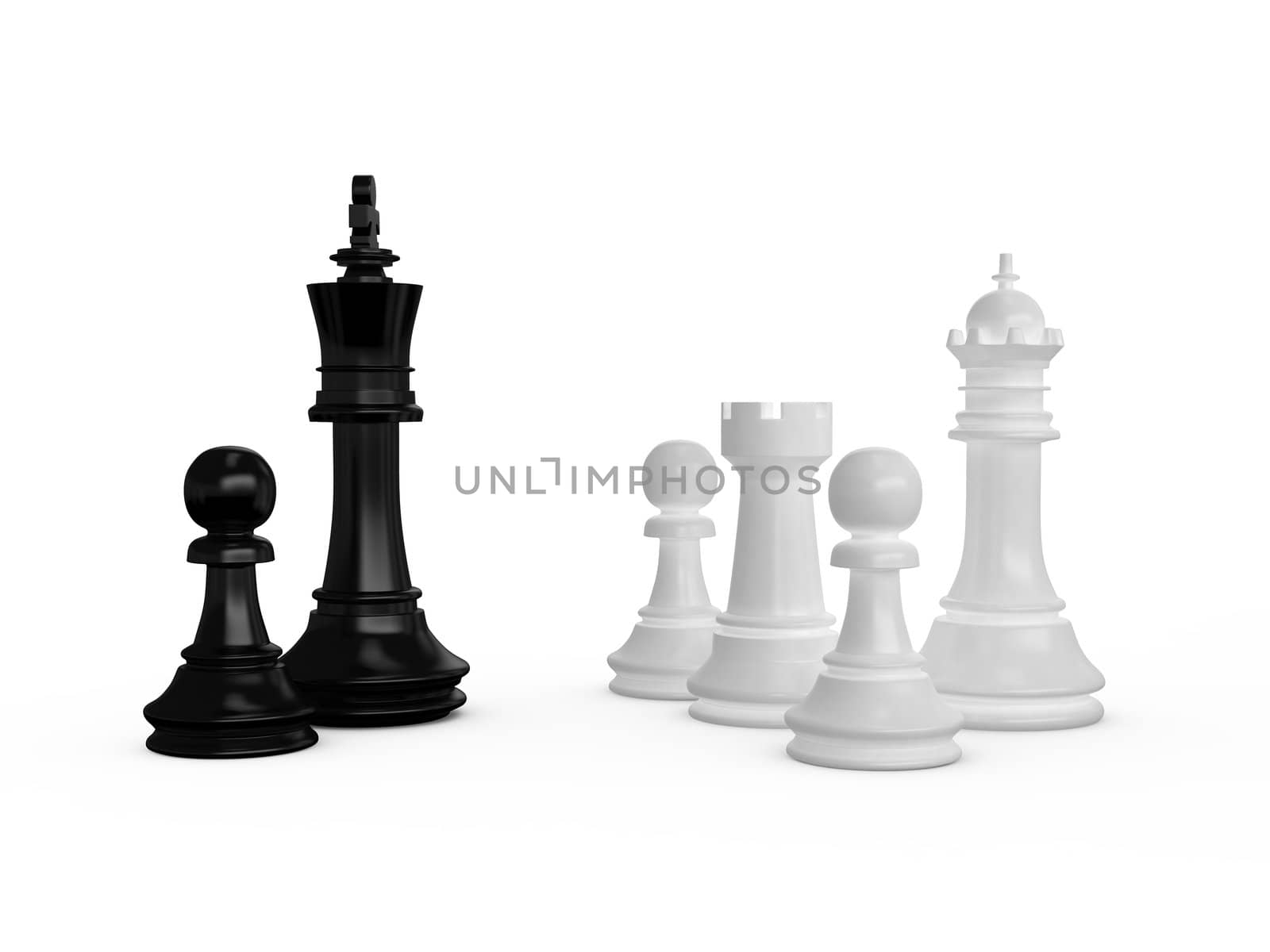 Black and white chess pieces on white background.