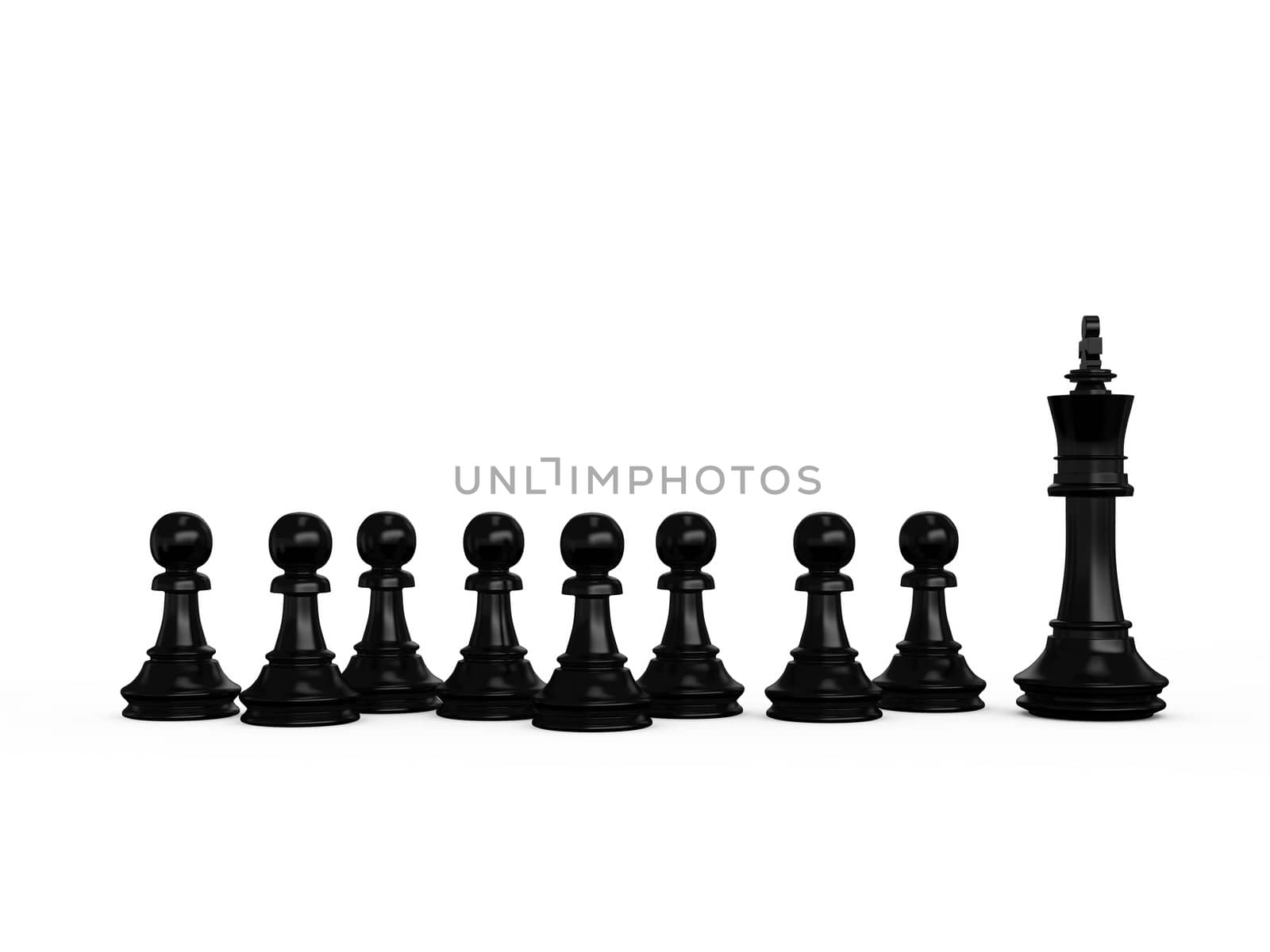 Eight pawns follow black king on white isolated background.