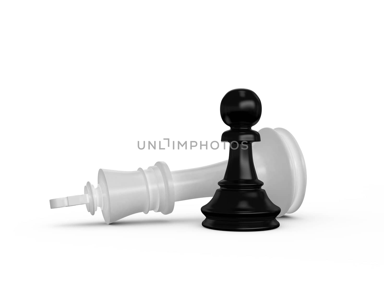 Victory concept. Black pawn defeats white king on white isolated background.