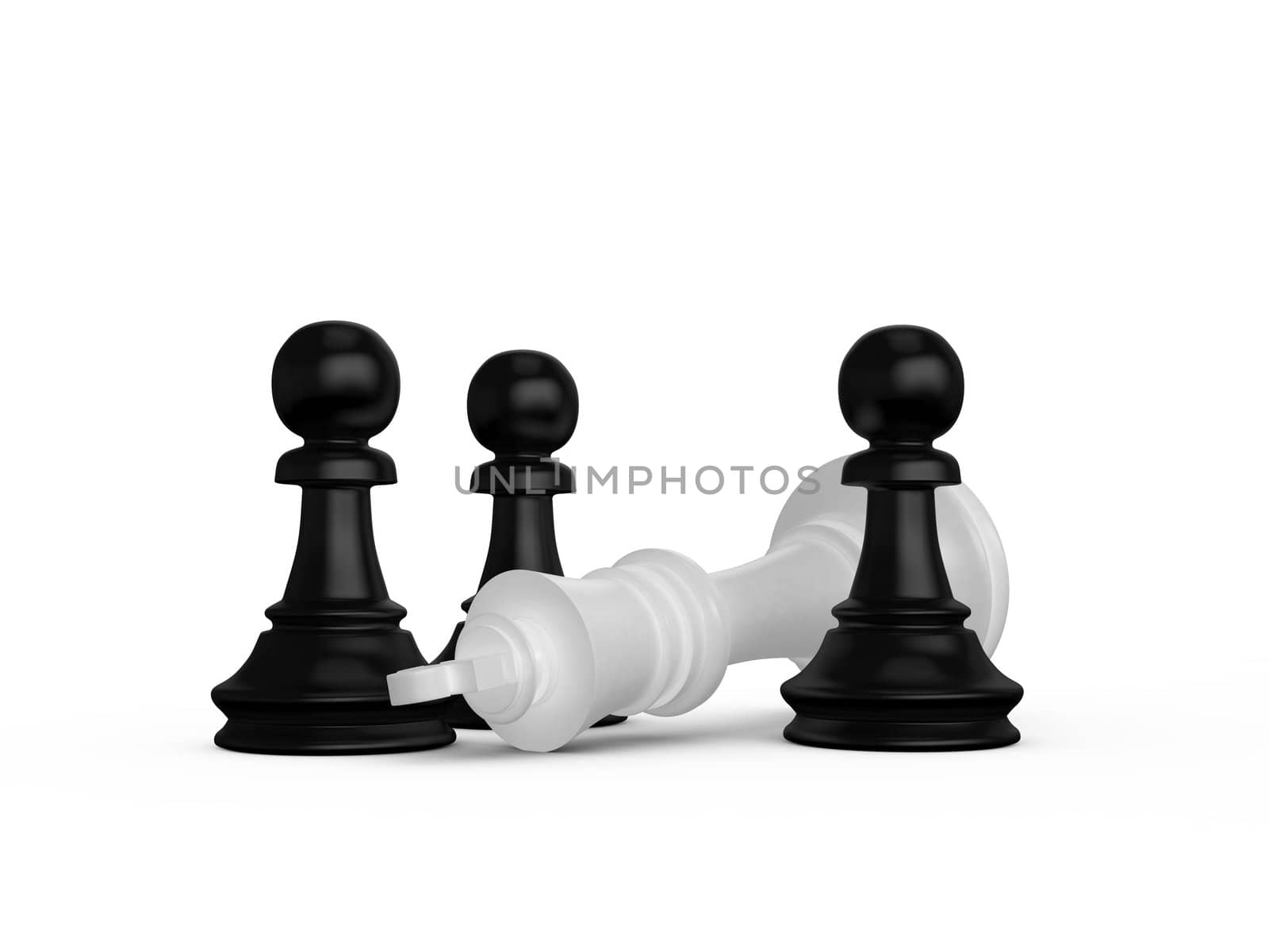 Victory concept. Black pawns defeats white king on white isolated background.