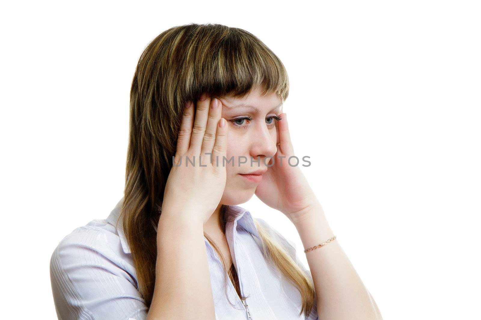 young woman with a headache on a white background