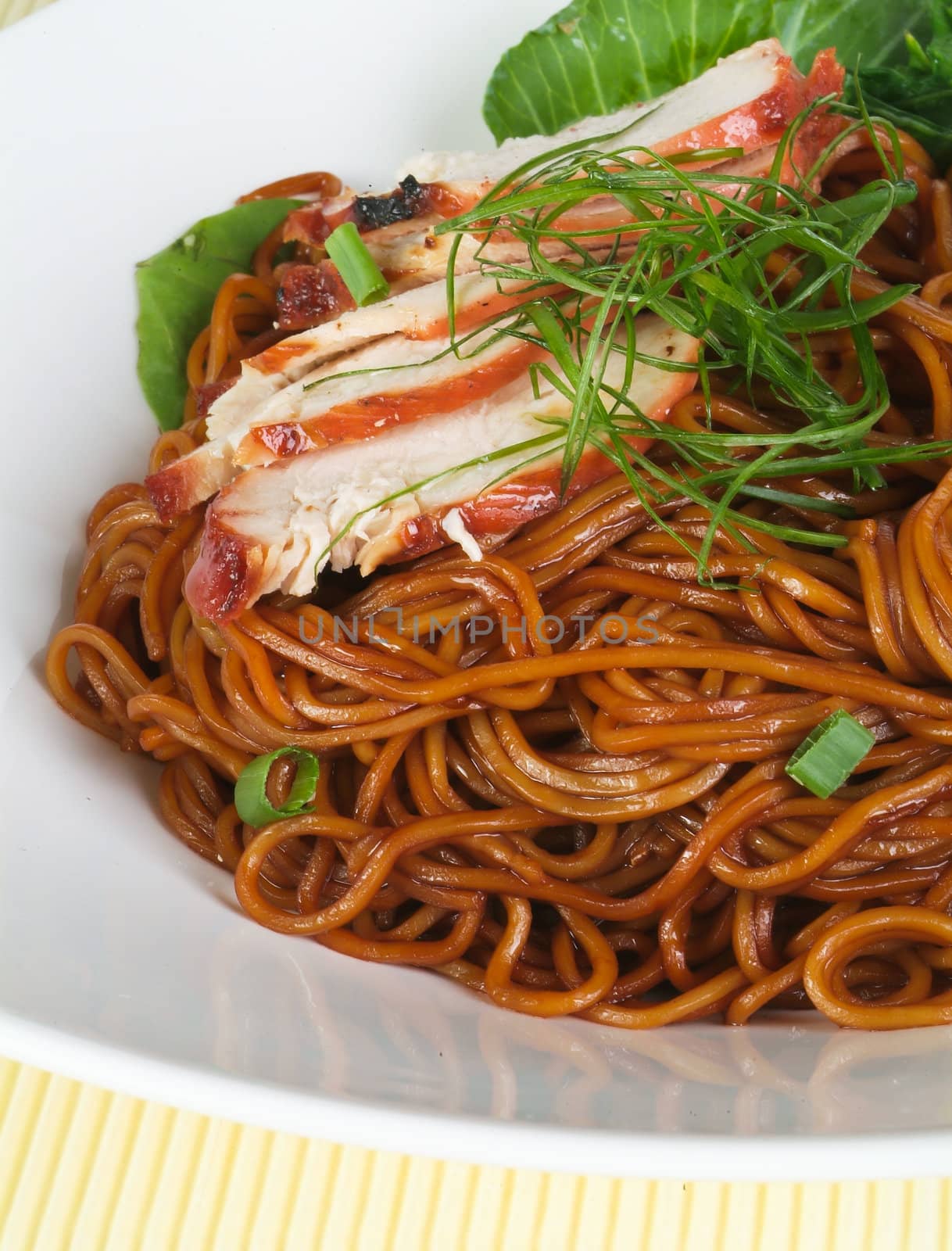 noodles and chicken on the background