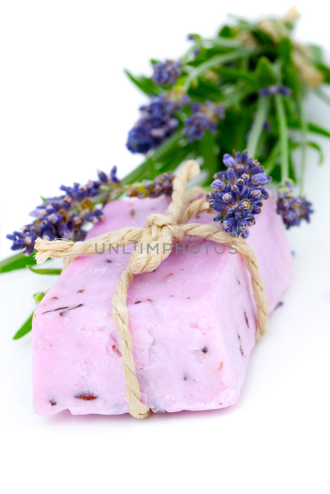 Lavender soap and lavender flower, isolated on white background by motorolka