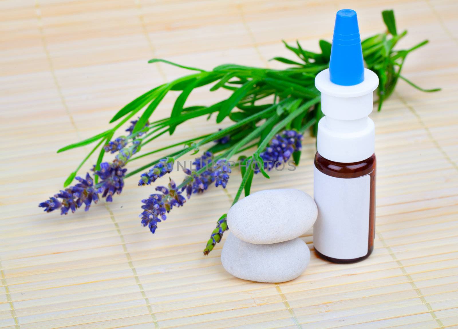 Lavender herb flower leaf springs with an aromatherapy essential oil dropper bottle.