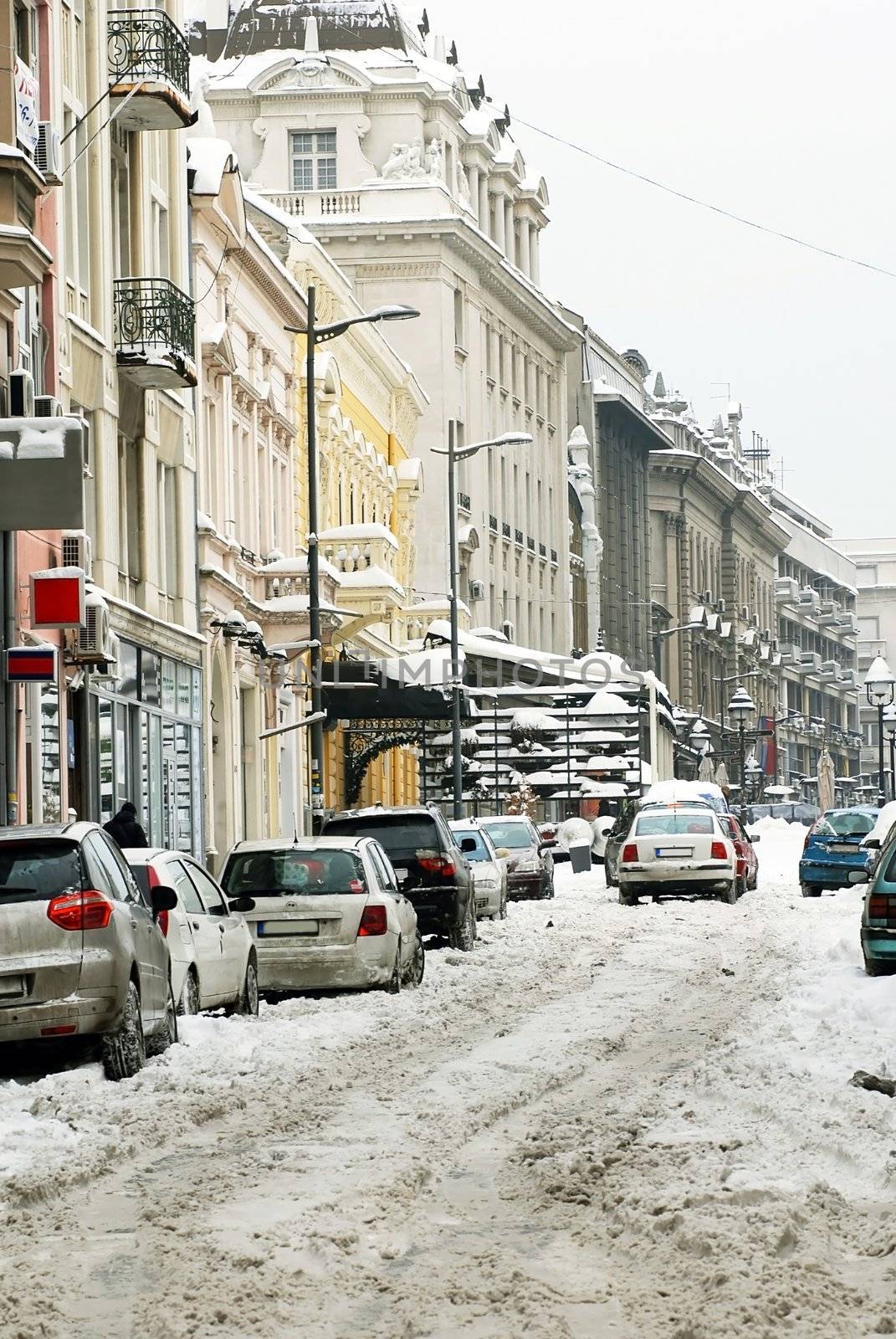 snow on Kralja Petra street in Belgrade at winter