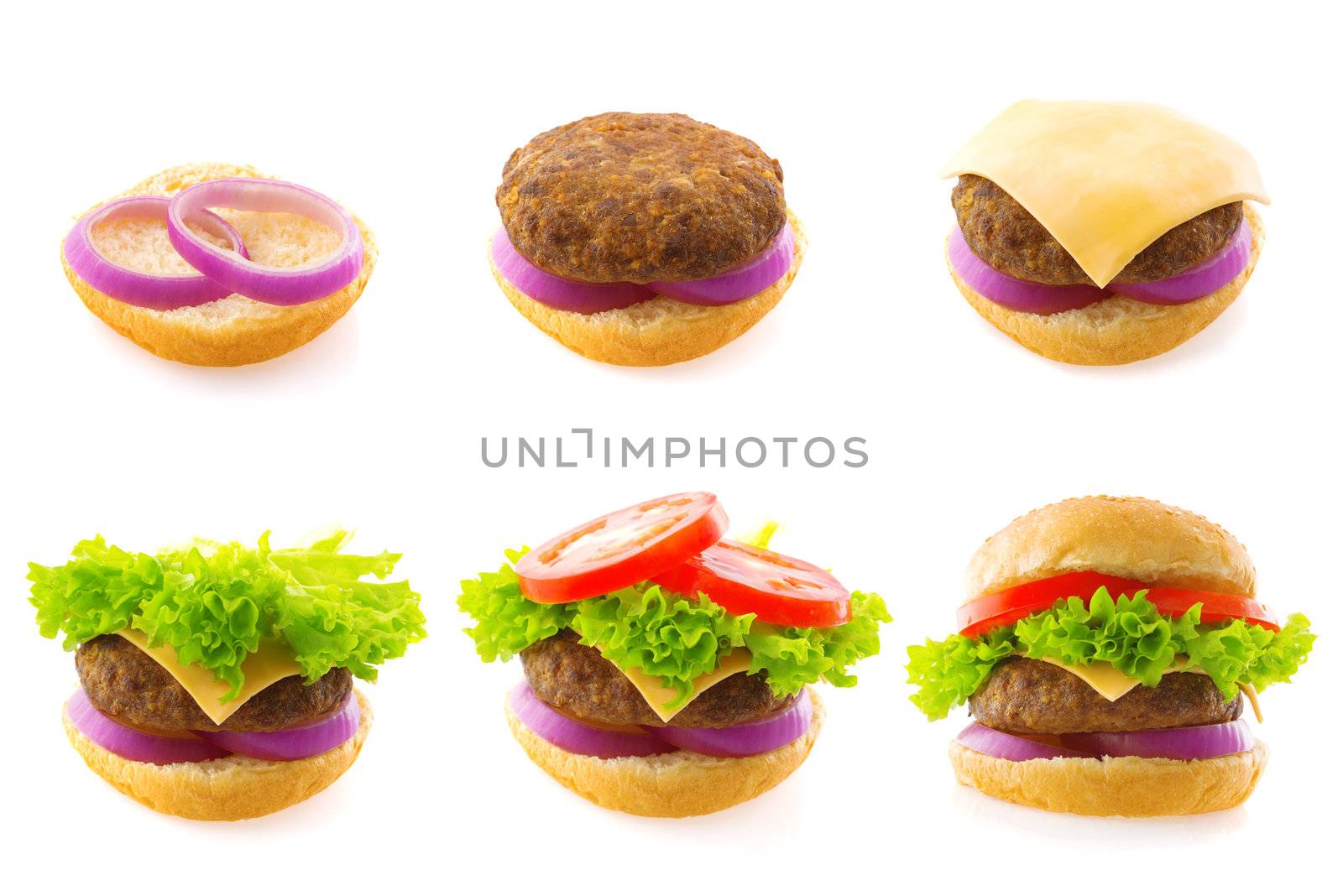 Process making of burger, step by step isolated on white.