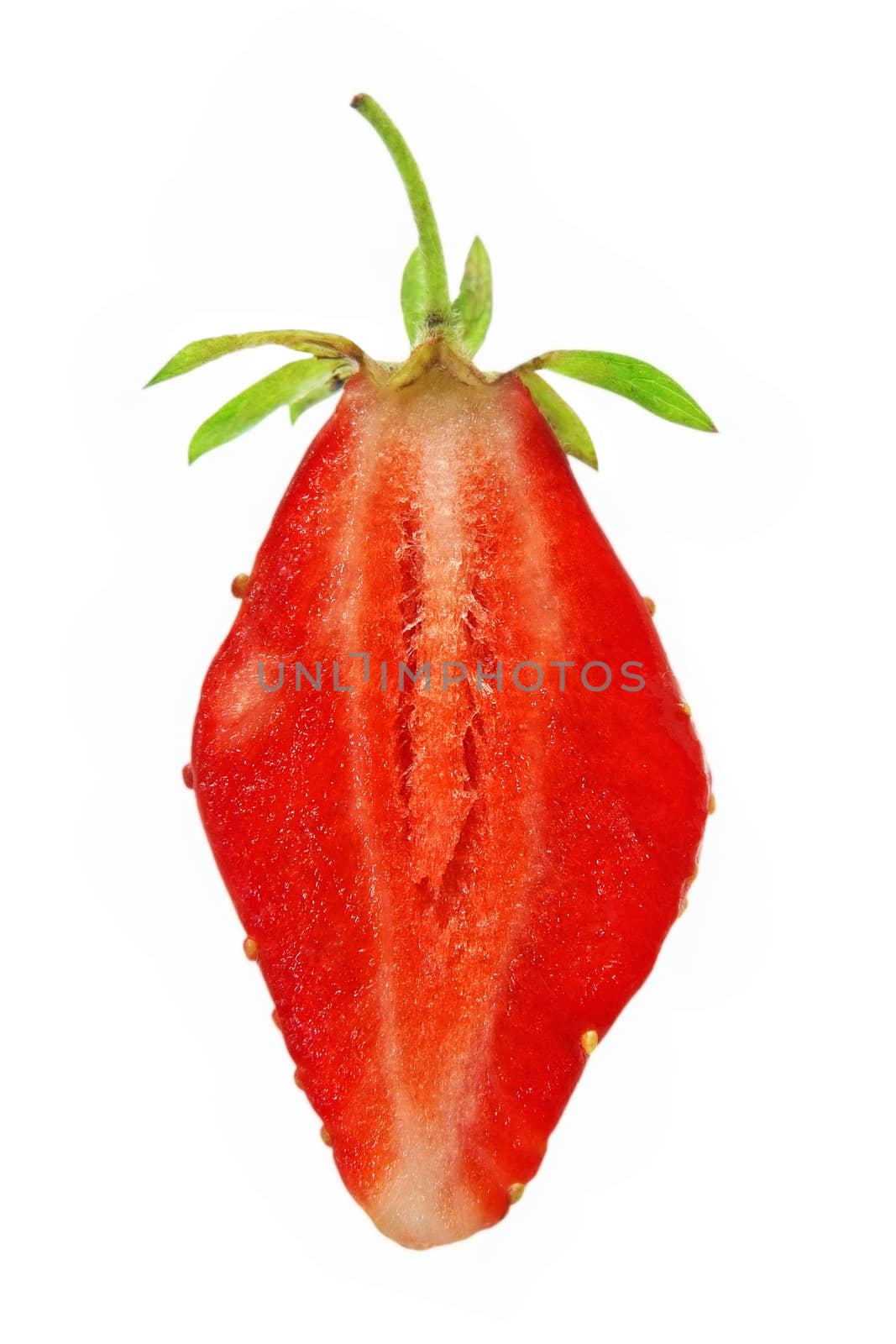 Juicy strawberry slice taken closeup isolated on white background.