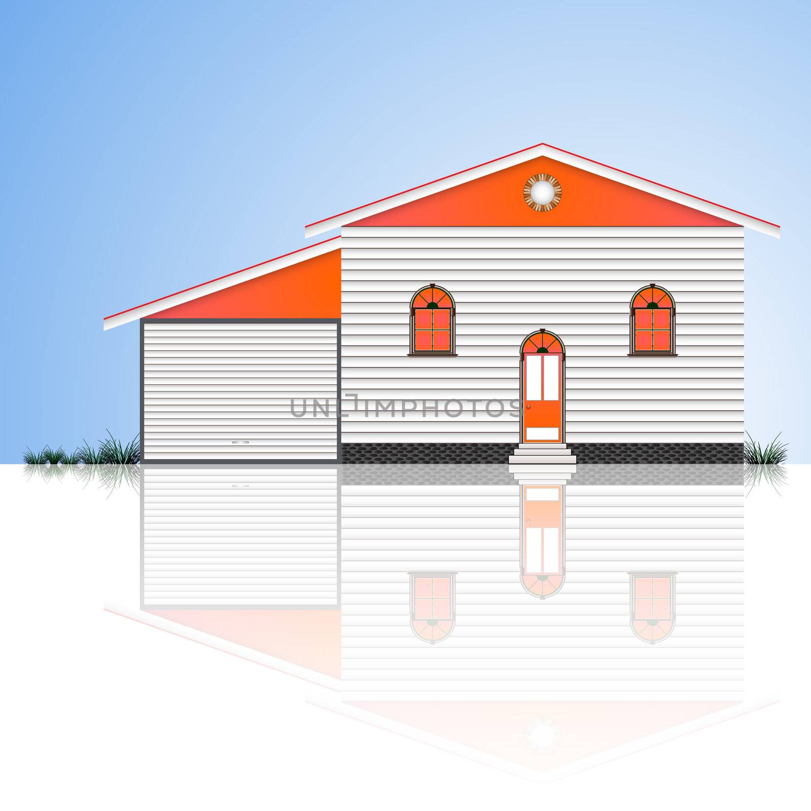 house with garage and blue sky reflected, abstract vector art illustration; image contains transparency and opacity mask