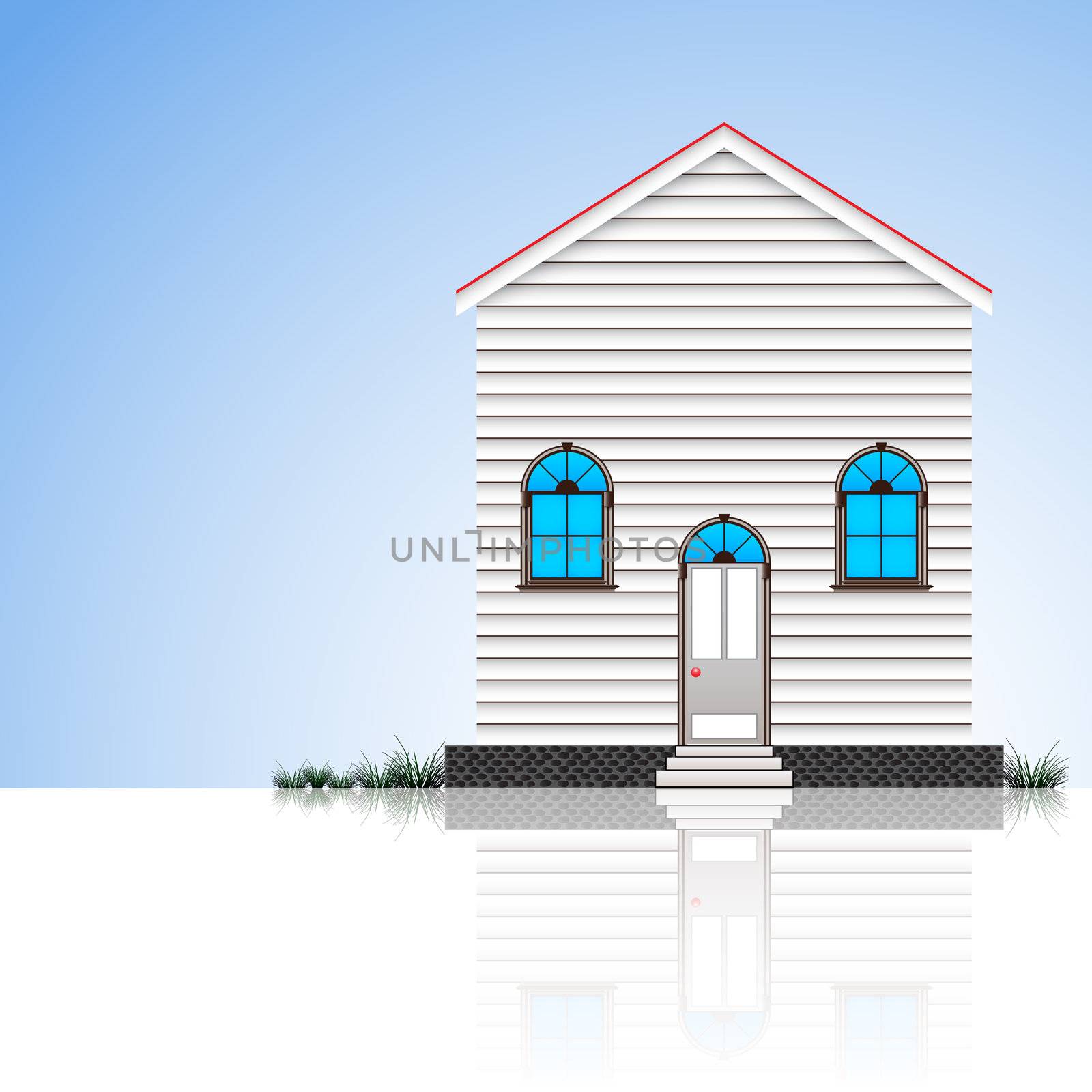 modern house and blue sky reflected, abstract vector art illustration; image contains transparency and opacity mask