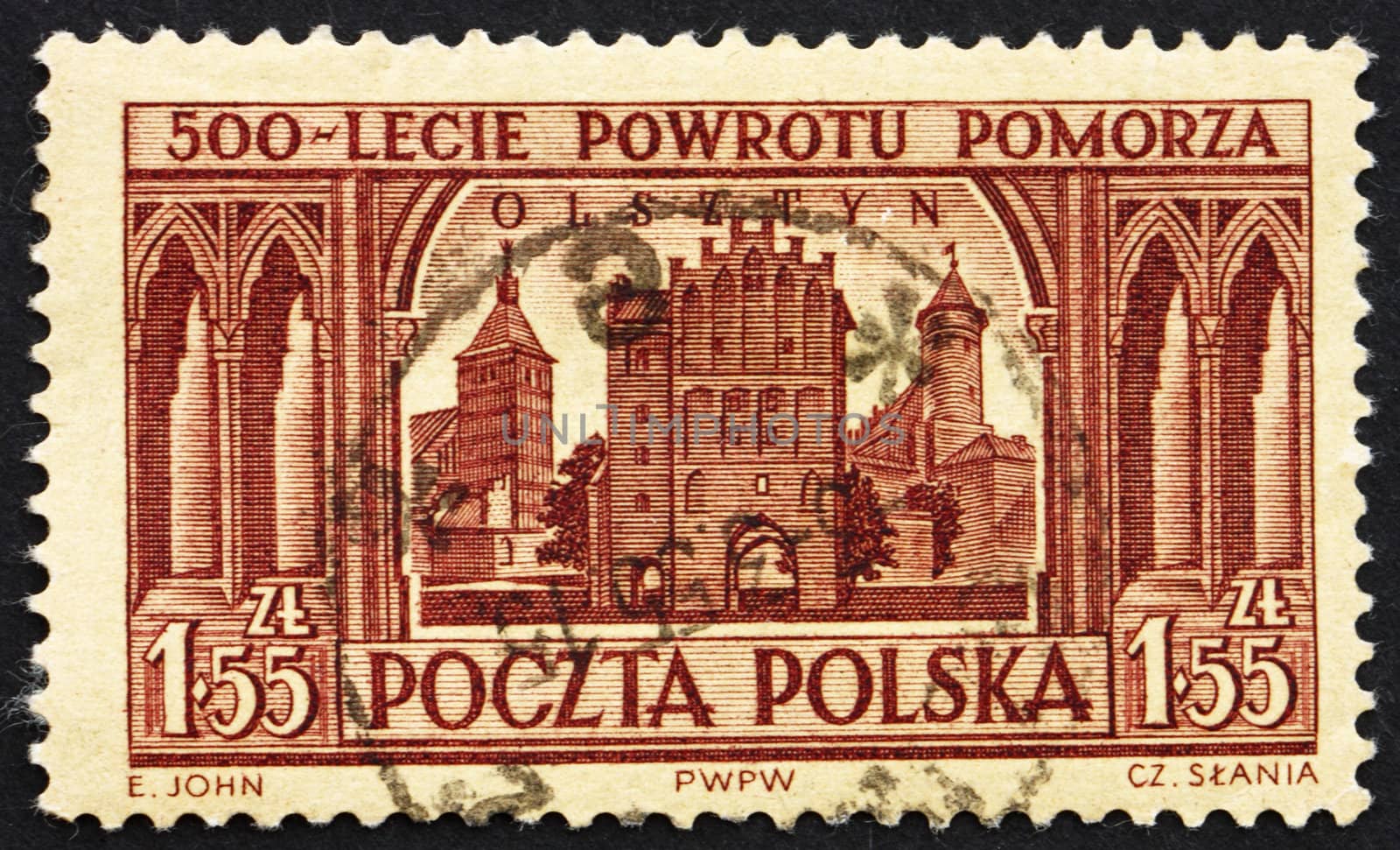 POLAND - CIRCA 1954: a stamp printed in the Poland shows View of Olsztyn, 500th Anniversary of Pomerania's Return to Poland, circa 1954