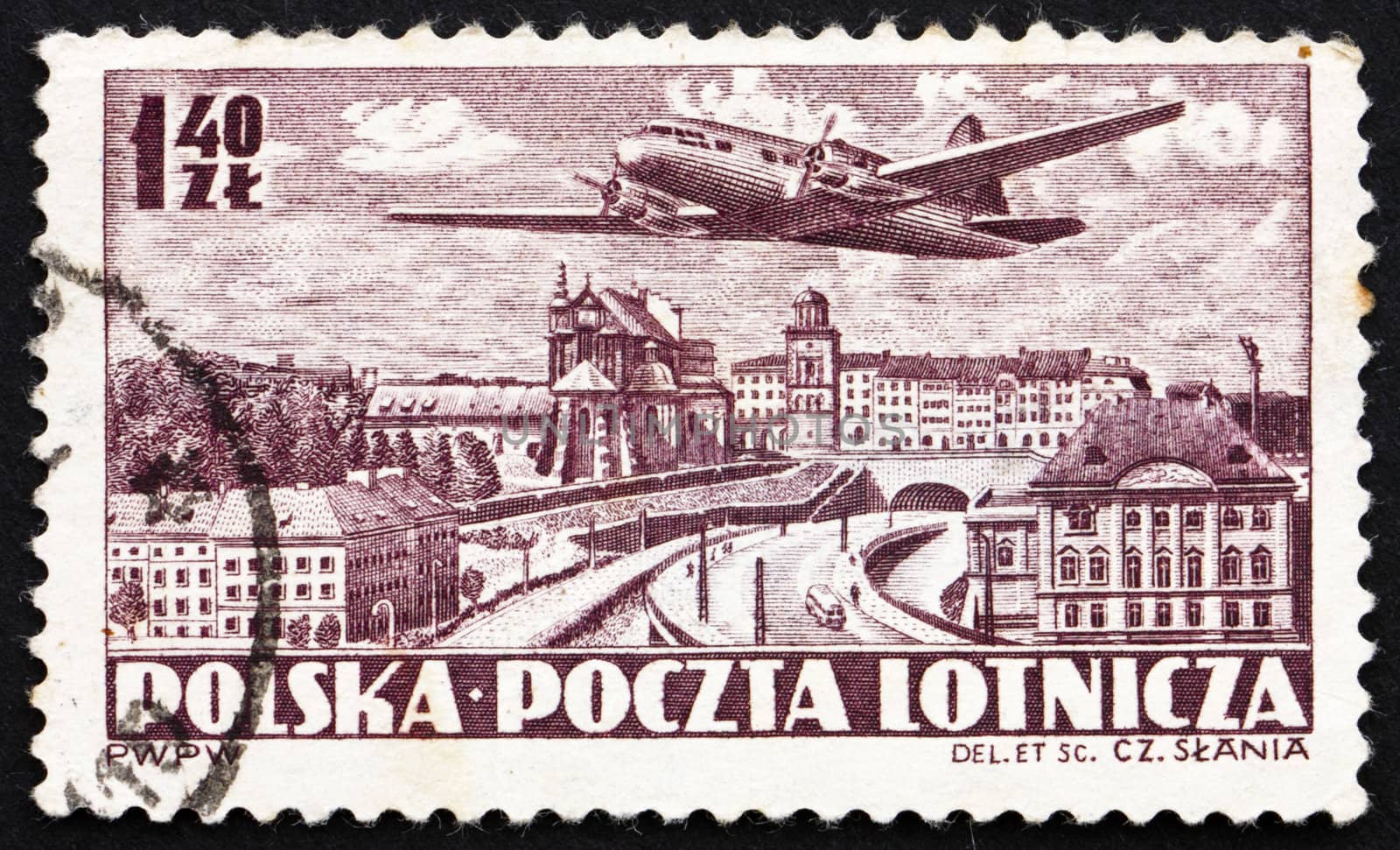 POLAND - CIRCA 1952: a stamp printed in the Poland shows Plane over Warsaw, circa 1952