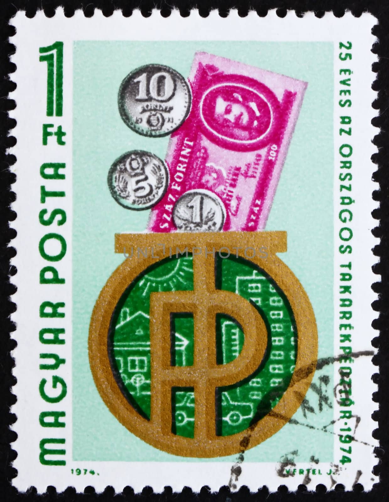 HUNGARY - CIRCA 1974: a stamp printed in the Hungary shows Bank Emblem, Coins and Banknote, 25th Anniversary of the State Savings Bank, circa 1974